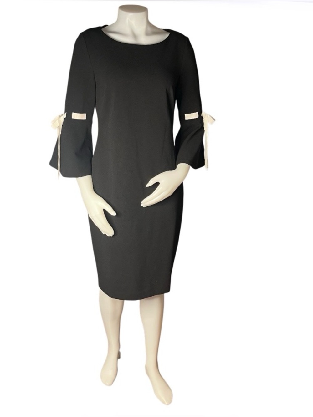 CALVIN KLEIN Black Sheath Dress Bell Sleeves White Ribbon Trim Size 10 LBD
